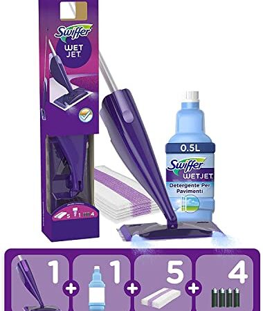 Swiffer WetJet Kit Complet Balai Kit, 5 Lingettes + 1 Nettoyant Liquide + 2 Piles, Lingette Retient la Poussière et la Saleté