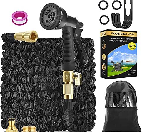 Tuyau d'arrosage extensible - Tuyaux Flexi Buse de pulvérisation à 8 modèles Tuyaux de tuyau Black Magic avec support de tuyau / sac de rangement (50FT black)