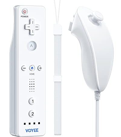 VOYEE Manette Compatible avec Wii Remote Controller et Nun-chuck, Manette sans fil Capteur de mouvement intégré Compatible avec Wii / Wii U avec étui en silicone et bracelet (blanc)