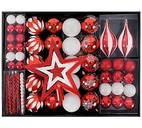 YILEEY Boules de Noel Decoration Sapin Noel Blanc et Rouge 88 Pièces en 15 Types, Boîte de Boules de Noël en Plastique Incassable avec Cintre, Ornements Décoratifs Pendentifs Cadeaux