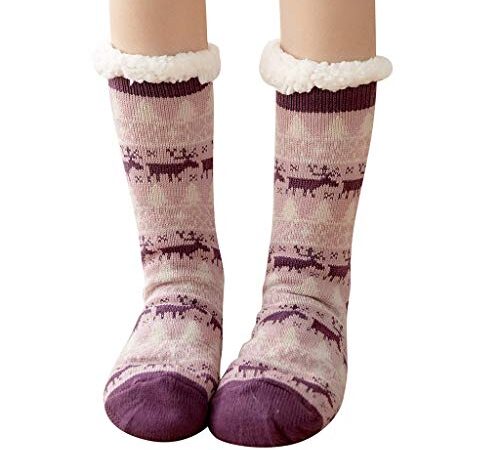 Yumso Noël Chaussettes Chaussons Femme Hiver Chaud Antidérapantes Thermique Pantoufles Chaussettes Noël Polaire Doublures Épais Chaussettes à la Maison Slipper