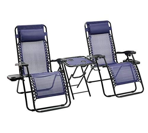 Amazon Basics Lot de 2 fauteuils relax pliants avec table d’appoint, Bleue