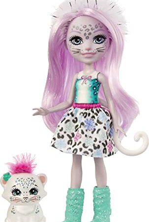 Enchantimals mini-poupée Sybill Léopard des neiges et figurine animale Flake, avec jupe amovible, bottes et serre-tête, jouet pour enfant, GJX42