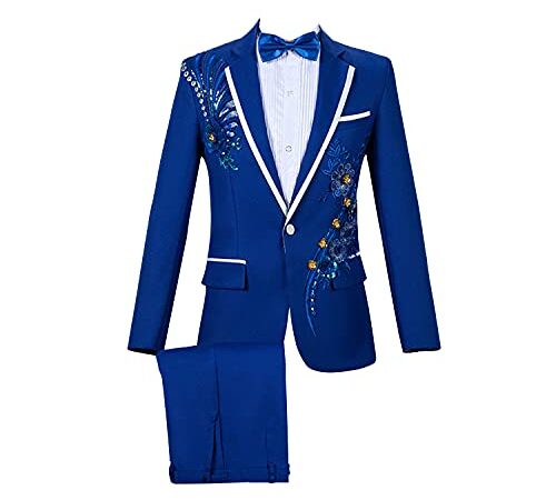 Ensemble de Costume 3 pièces Coupe Slim pour Hommes Veste Fleurie à Un Bouton Blazer Gilet Costume Formel de Mariage Robe Smoking et Pantalon (Bleu1,XL)