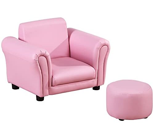 Ensemble Fauteuil et Pouf Enfant Style Contemporain Structure Bois revêtement synthétique PVC Rose