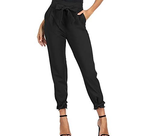 GRACE KARIN Pantalon Femme Casual élastique Ceinture Classique Longue Taille Haute Bow-Knot Noir L CL903-1