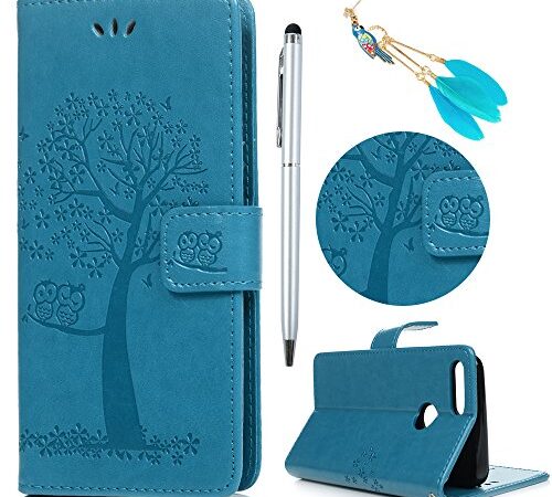 Lanveni Coque pour Huawei Honor 9 Lite Housse Étui à Rabat en [Cuir PU][Bookstyle] Wallet Cartes Slots Fonction Support Rabat Phone Case de Protection Ultra Fine Fermeture Aimantée Hibou Arbre -Bleu