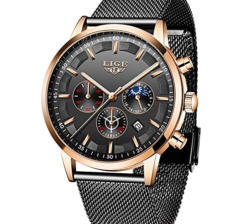 LIGE Hommes Montres Mode Militaires Acier Inoxydable Imperméable Quartz Analogique Regarder pour Homme Noir doré Montres Homme