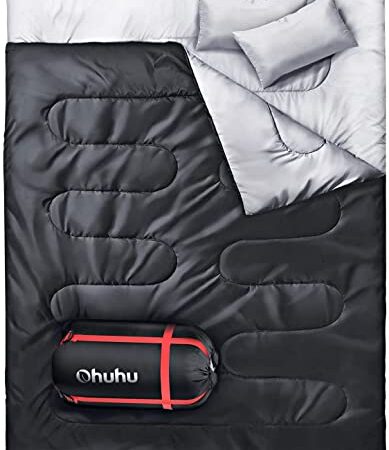 Sac de Couchage, Ohuhu Double Sac de Couchage Sac de Couchage 2 Places 220 * 150cm 3KG/3.5kg Duvet Double Détachable avec 2 Oreillers 0 ° C ~ 10 ° C / -5 ° C~ 10 ° C, Adulte