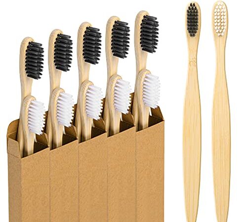 URAQT Brosse à Dents, Lot de 10 Brosses à Dents en Bambou, Poils Souples en Fibre de Charbon Végétal, Ensemble de Brosses à Dents en Bambou Naturel et Ecologique, Convient aux Adultes et Enfants(17CM)