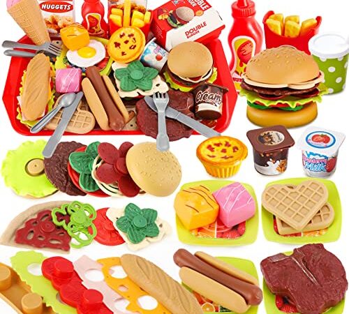BUYGER 63 Pièces Dinette Enfant Jouet Cuisine Aliment avec Hamburger, Plateau, Jeux de Imitation pour Garcon Fille, Cadeau Éducatif