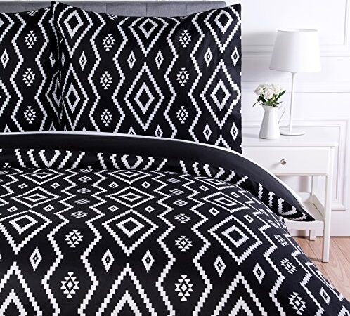 Amazon Basics Parure de lit avec housse de couette en microfibre, 240 x 220 cm, Noir (Black Aztec)
