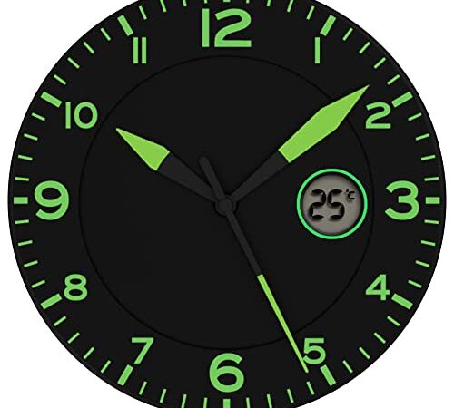 FISHTEC Horloge Murale Design Moderne - Pendule Murale Silencieuse sans Tic Tac - avec Température Digitale - Convient pour la Cuisine, Bureau, Salon, Chambre - 25 CM - Noir & Vert