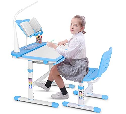 GOTOTOP Bureau pour enfant avec chaise d'écolier, bureau et chaise réglable en hauteur Design ergonomique avec lampe de protection pour les yeux et support de lecture Bleu