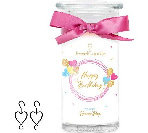 Jewelcandle Happy Birthday grand jarre (1020g, 95-125heures de combustion) blanc bougie parfumée (Cupcake) avec bijou en argent Sterling 925-boucles d'oreilles