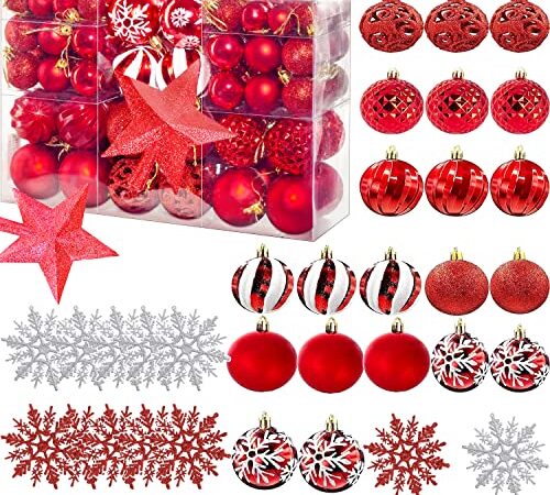 Lot de 121 boules de Noël de qualité supérieure en plastique rouge avec pointe d'arbre et étoile avec flocons de neige - Décoration de Noël avec suspension - Boules de Noël colorées