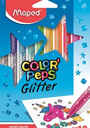 Maped - Feutres de Coloriage Glitter Color'Peps - Feutres de Couleur Encre à Paillettes Effet Métallisé - Boîte de 10 Feutres Pailletés 847110 Multicolore