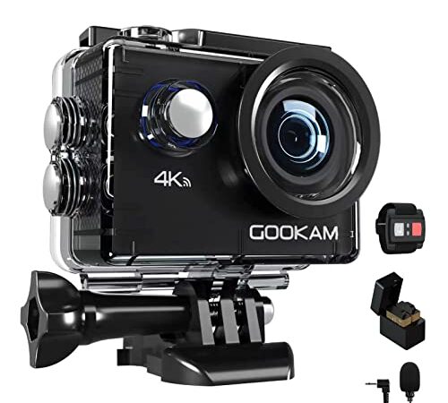 GOOKAM Caméra Sport 4K WiFi 20MP Ultra HD, Étanche 40M 170°Grand-Angle 2.0 '' LCD avec Microphone Externe 2.4G Télécommande, Caméra d’Action avec 2 Batteries Rechargeables et Kit d'Accessoires - GO 2