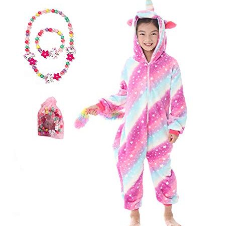 Linke - Pyjama licorne en peluche douce pour filles avec bracelet et collier colorés, Galaxy Licorne, 9 ans