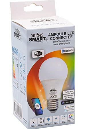 Nityam SMART Ampoule LED connectée Standard 9W 806 Lumens Culot E27 - Couleur d'éclairage Multicouleurs (RGB) + Changement de blancs (CCT) - Angle d'éclairage 220°