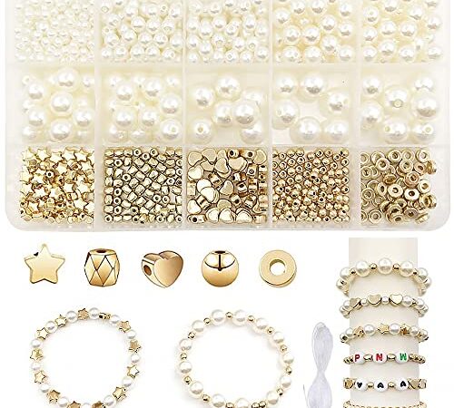 720Pcs Blanche Perles rondes bracelet, 4mm-12mm perle blanche perle plate dorée d'Espacement, Dorées pour Fabrication de Bijoux Bricolage Artisanat Colliers Boucles d'oreilles Bracelets cadeau filles