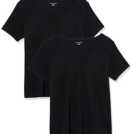 Amazon Essentials T-Shirt Col en v à Manches Courtes Coupe Classique Femme, Lot de 2, Noir, XL