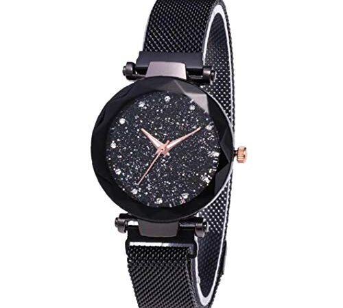 Femmes Montres analogiques Mouvement à quartz Montres avec PU Bracelet classique imperméable Starry Sky Dial Black Watch 1pc
