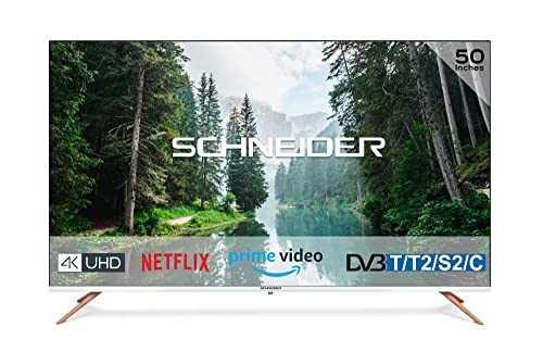 SCHNEIDER - SC55S1FJORD - Smart TV 4K UHD Blanc - 139 cm - Netflix - Prime Vidéo - 3 HDMI - 2 USB - Ecran sans Bord - Pied Effet Bois