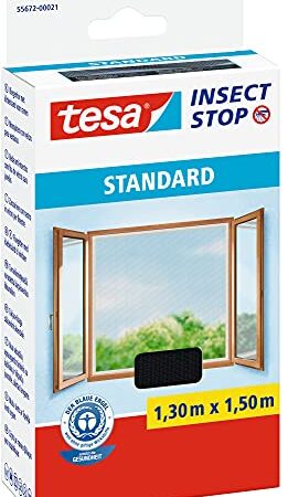 Tesa Insect Stop Auto-Agrippant STANDARD pour Fenêtres - Filet Anti-Moustiques Adhésif - Découpable à la Dimension Souhaitée - Noir, 130 cm x 150 cm, Longueur Velcro 5.60m