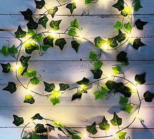 Lierre Artificiel, [1 PCS] 2M Feuille Guirlande Lumineuse, Plantes Artificielles avec 20 LED et Vert Feuille, Chaîne Lumières LED de Vigne pour Jardin, Cour, Maison, Patio, Fête de Mariage Décoration