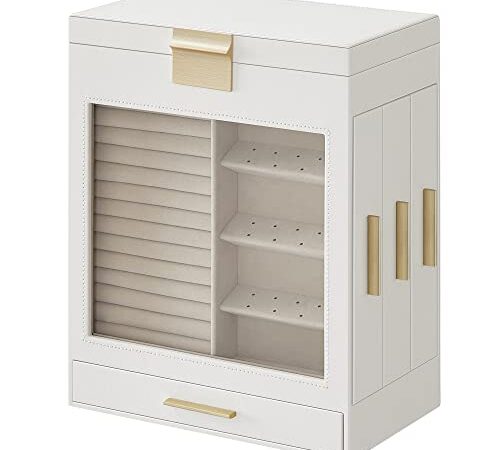 SONGMICS Boîte à Bijoux, Écrin à Accessoires 5 Niveaux, Fenêtre en Verre, Tiroirs Latéraux, Rangement Vertical, Grand Miroir, Bijoux, Moderne, Blanc Nuage et Doré JBC162W01