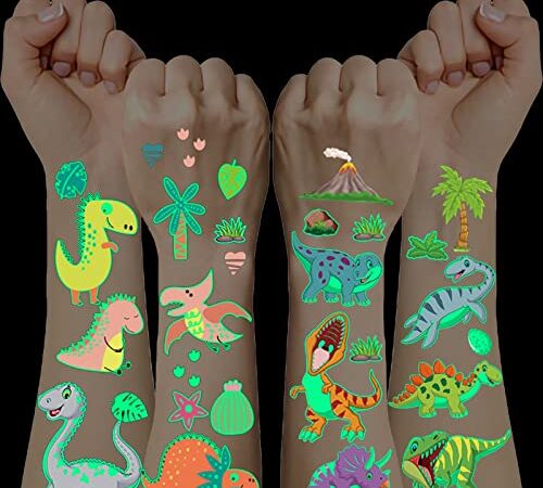 Tatouage Dinosaure Enfant, Tatouage Enfant Garcon Fille, 10 Feuilles Tatouage Fluorescent, Autocollant Dinosaure Lumineux pour Cadeau Jouet Pinata Dinosaure Anniversaire Garcon