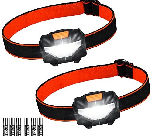 Torche Frontale(2 pcs), Lampe Frontale Puissante LED 140 LM, 3 Modes d’Eclairage, Réglable, Poids Léger pour Course Camping Cyclisme Éclairage Extérieur Cadeau pour Enfants, 6 Piles AAA Inclus