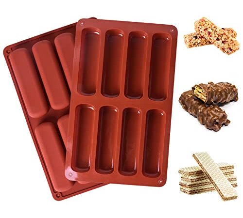 2 Pièce Moules Longues Bandes, Moule Silicone Rectangulaire pour Barres de Céréales, Moule à Biscuits, Moule Forme Gâteau pour Barre Énergétique Eclair Chocolat, 8 Cavités (11,7 x 3,2 cm par Cavité)