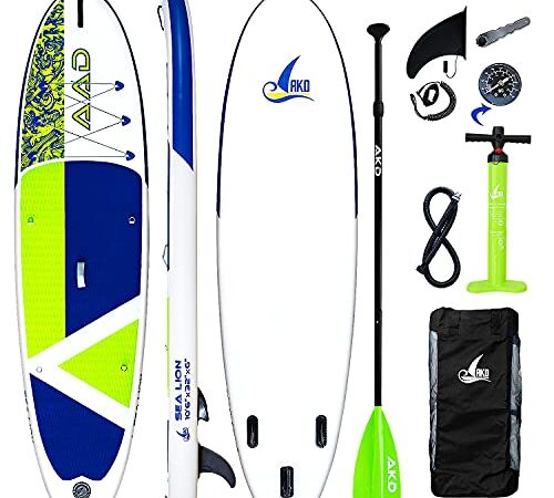 AKD Sealion Stand up Paddle Gonflable Adulte 10'6" 320x81x15cm | 150KG/318L, Pompe avec Manomètre, Pagaie Réglable en Aluminium, Sac à Dos, Leash (Vert)