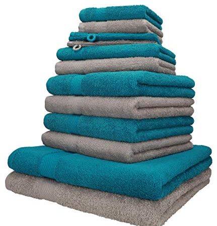 Betz Lot de 12 Serviettes Palermo Set de 2 draps de Bain 4 Serviettes de Toilette 2 Serviettes d'invité 2 lavettes 2 Gants de Toilette 100% Coton Couleur Bleu pétrole et Gris Pierre