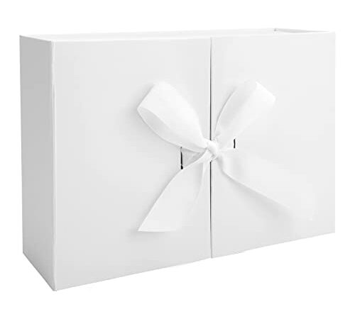 Boite Papier avec Ruban,Grandes Boite Cadeau Vide Pliante Emballage Cadeau Boite Bijoux avec Couvercle Emballage Cadeau Boîte Décorative pour Anniversaire Emballage Cadeau 26,5 x 19 x 8 cm White