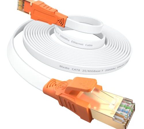 Câble Ethernet 10 m, Cat8 Câble de Réseau Grande Vitesse 40Gbps 2000MHz, Plat Câble Internet Avec Connecteur RJ45 Pour Routeur, Modem, Switch, Console de Jeux,Plus Rapide Que les Cat 5e/Cat6/Cat7