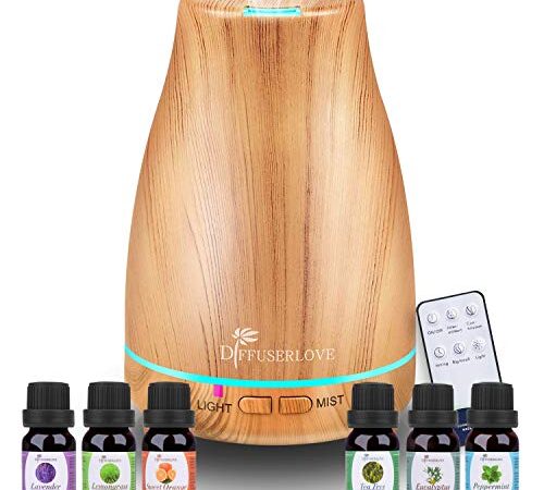 Diffuserlove Diffuseur d'Huiles Essentielles Electrique 200ML Humidificateurs de Brume de Diffuseur d'Arôme de Grain de Bois à Ultrasons avec 7 Lumières LED de Couleur pour Chambre Bureau Chambre