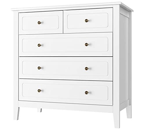 FOREHILL Commode Chambre Commode avec 5 Tiroirs Meuble de Rangement Chambre Adulte Commode Blanche Salon Moderne en Bois 80x40x80cm