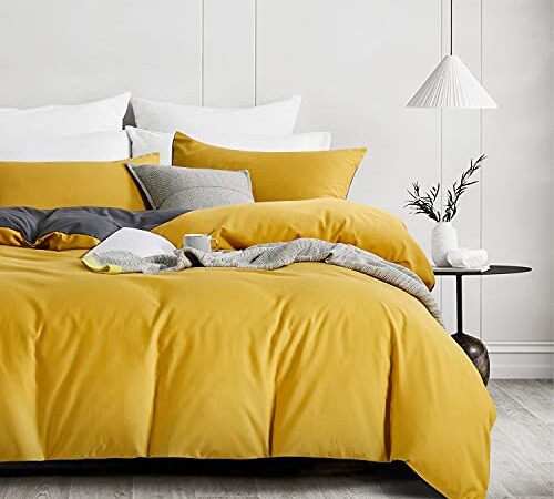 Gezu Parure de Lit 140x200cm Jaune Moutarde et Gris Sets de Housse de Couette 1 Personne Unie Réversible avec 1 Taie d'oreiller 65x65cm avec Fermeture Éclair