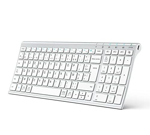 iClever Clavier sans Fil Bluetooth Rechargeable Connecter 1 à 3 appareils AZERTY Mac iPad air Pro Tablette Ordinateur PC iPhone iOS Android Windows Ultra-Mince