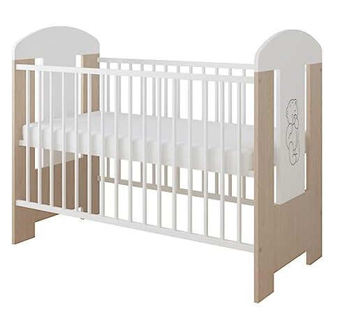 LCP Kids Lit Bebe 120x60 cm Blanc avec Matelas | Regable Niveaux du Base | 3 Barreaux Amoviable; Ours Creme