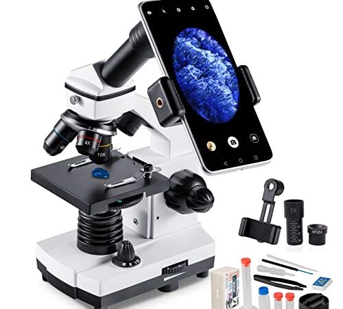 Microscope pour Enfants Adultes 100-2000x Microscopes Monoculaires Biologiques Éducatif puissants pour Étudiants avec Accessoires D'opération Diapositives Préparées Adaptateur Téléphonique