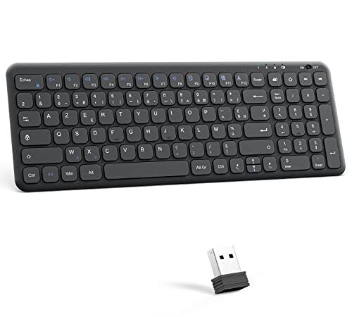 OMOTON Clavier sans Fil 2.4 Ghz, Clavier AZERTY sans Fil Silencieux pour Windows 11/10/8/7, PC, Ordinateur Bureau/Portable, Clavier USB avec Pavé Numérique, 12 Raccourcis Multimédias, Ultra-Mince