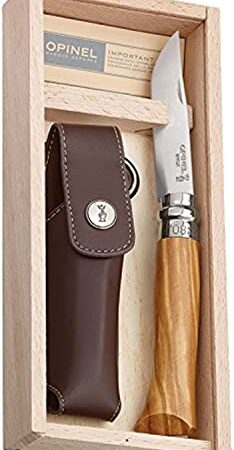 OPINEL - N°08 Luxe Olivier et Étui Alpine Brun - Couteau Pliant de Poche Bois d’Olivier - Acier Inoxydable - Coffret Bois Couteau - Lame Inox 8,5 cm