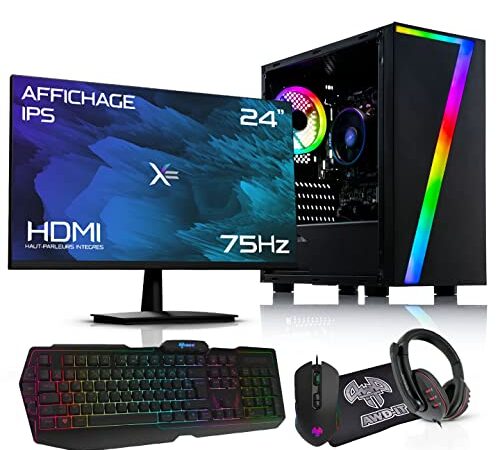 - | PC Gamer Complet, Ordinateurs de Bureau, PC Gamer Fixe | AMD A10 9700 à 4 cœurs, Écran LED 24", Clavier et Souris Gamer, 16 Go, 1 to, Étui à CiT Seven RGB, WiFi, PC Gamer Windows 10