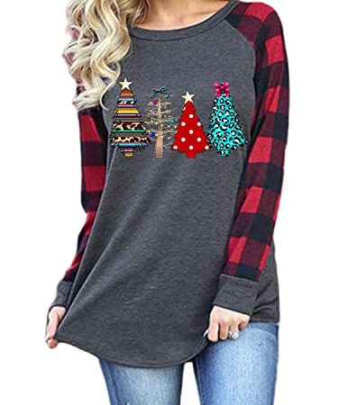 QUNERY Pull de Noel Femme Tee Shirt Manche Longue Femme Sweat à Manches Longues Col Rond Rigolo Haut Femme Imprimé Chemise d'hiver Automne Hiver Top (Sapin de Noel Coloré) XXL