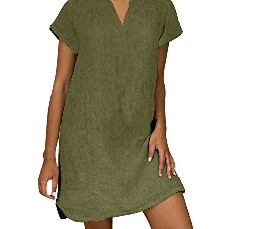 Robe Ete Femme Cotton en Line Mi Longue Femmes T-Shirt Robe de Travail Chic et Elegant Décontractée Couleur Unie Manche Courte Jupe Vêtements Femme Cotton en Line Chemise Maxi Robes De Soie