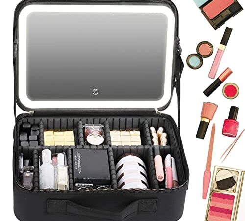 Trousse de Maquillage de Voyage, Trousse de Voyage de Maquillage avec Miroir Lumineux, Étuis de Voyage cosmétiques en Cuir PU pour Femmes Cosmétiques, pinceaux de Maquillage, Articles de Generic